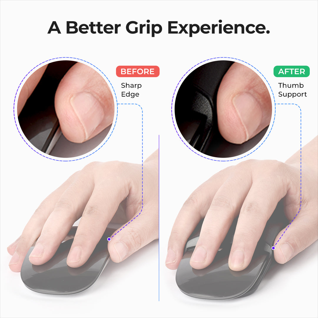 Before and after: the Magic Mouse's sharp edge presses into the thumb; with the grip a thumb support runs along that edge.