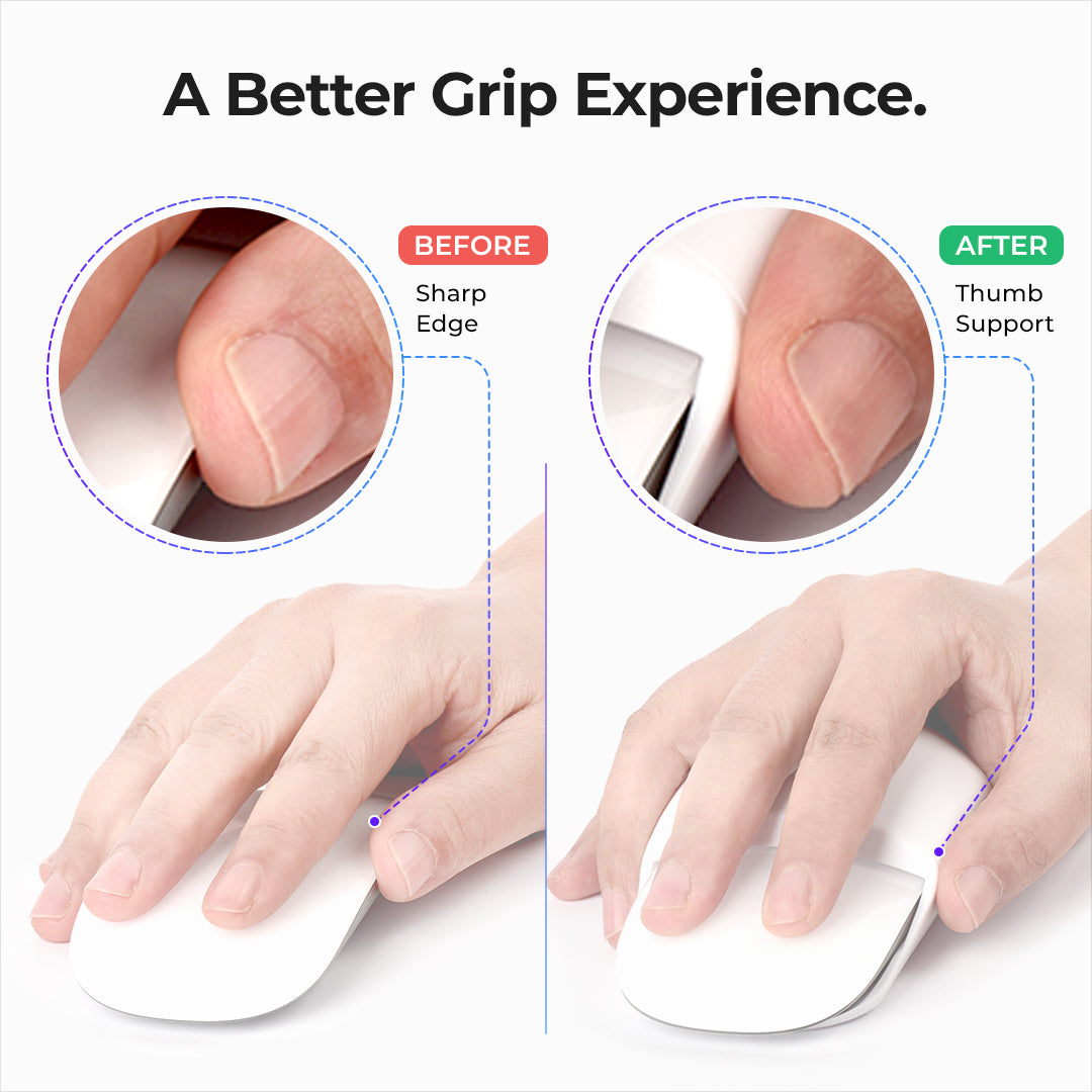 Before and after: the Magic Mouse's sharp edge presses into the thumb; with the grip a thumb support runs along that edge.