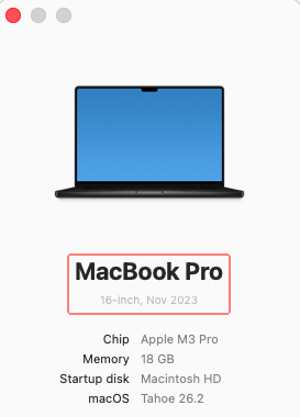 The About This Mac window of a MacBook Pro, with “MacBook Pro, 16-inch, Nov 2023” marked